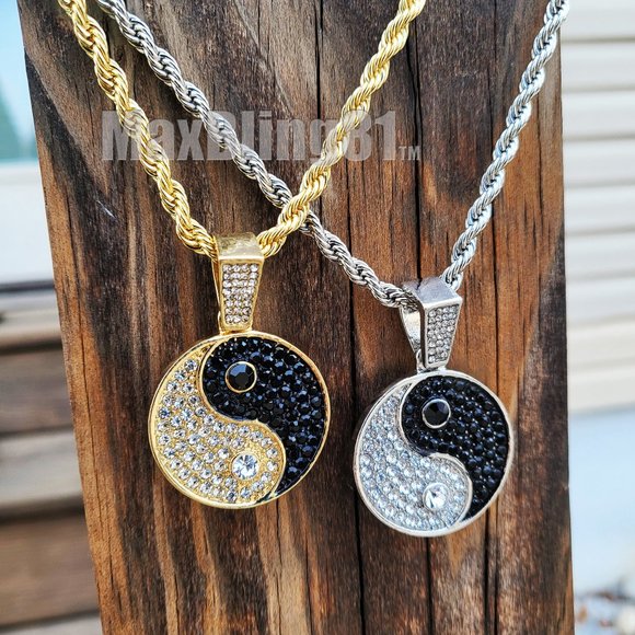 Iced Ying Yang Pendant & 4mm 24" Rope Chain Bling Hip Hop Gold Silver Necklace - Picture 1 of 6
